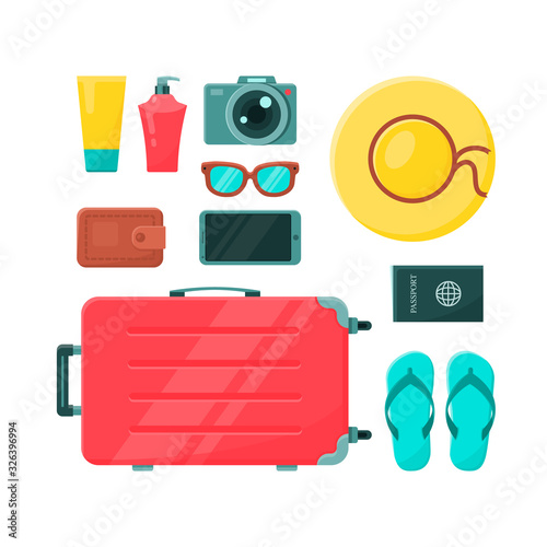 Vector suitcase composition with set of personal travel things and accessories