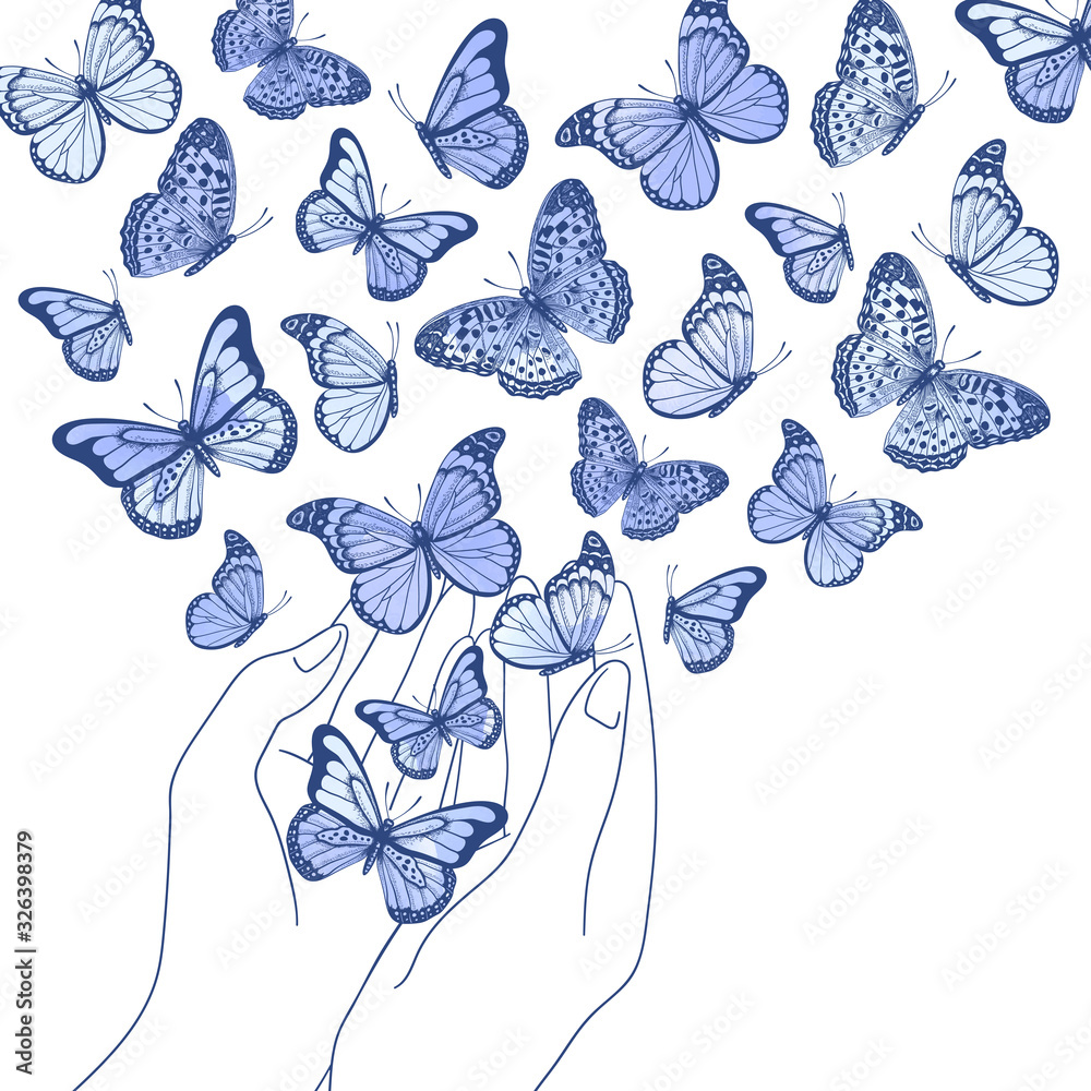 Vector illustration with hands holding blue watercolor butterflies on ...