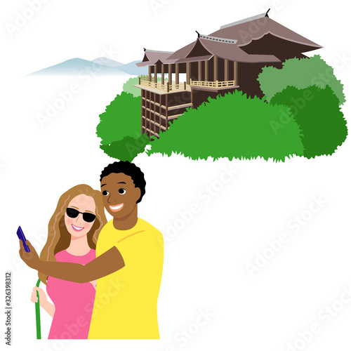 清水寺と白人と黒人のカップル