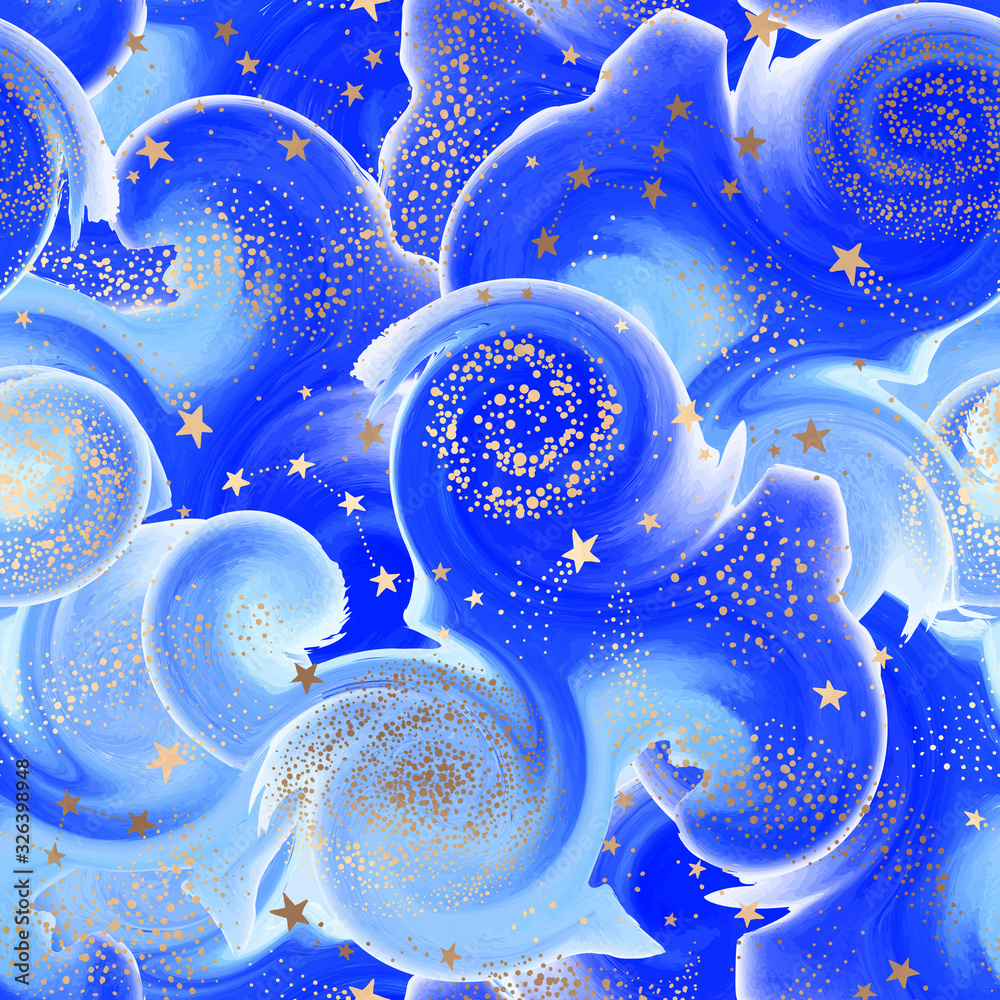 Galaxy seamless swirl watercolor textured blue pattern with gold nebula, constellations and stars