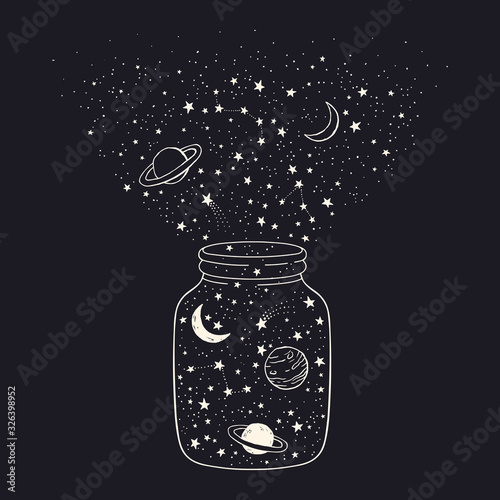 Vector space background with jar, constellations, planets, moon and stars