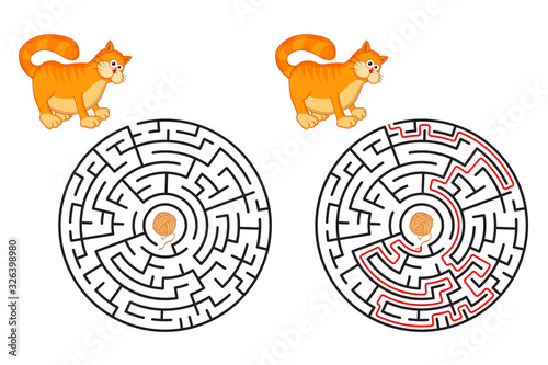 Round maze. Circle labyrinth conundrum with funny cartoon character Cat. Find the right path. Logic Games for kids with Answer. Education worksheet. Activity page. Puzzle for children. Cartoon style.