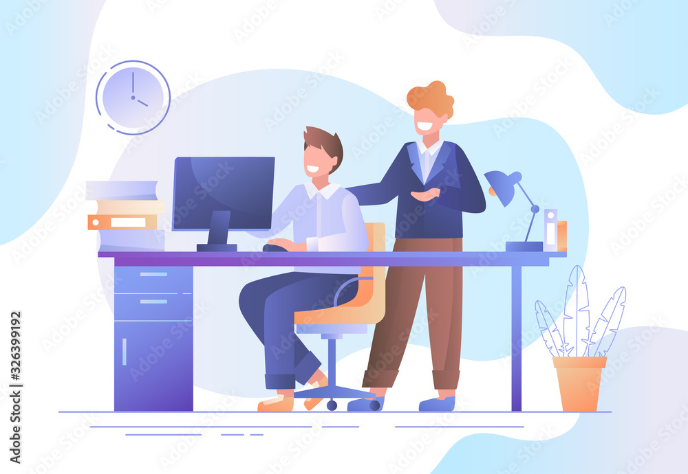 Two businessmen working together in an office discussing data on a desktop computer monitor in a teamwork concept, colored vector illustration Two businessmen working together in an office discussing data on a desktop computer monitor in a teamwork concept, colored vector illustration