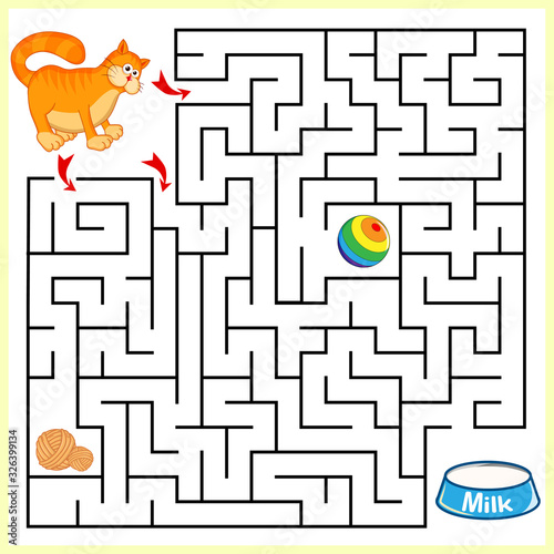 Help cat to find the right path to the clew, ball and milk. Three entrances, one exit. Answer under the layer. Square Maze Game. Labyrinth conundrum for kids. Education worksheet. Cute cartoon style.