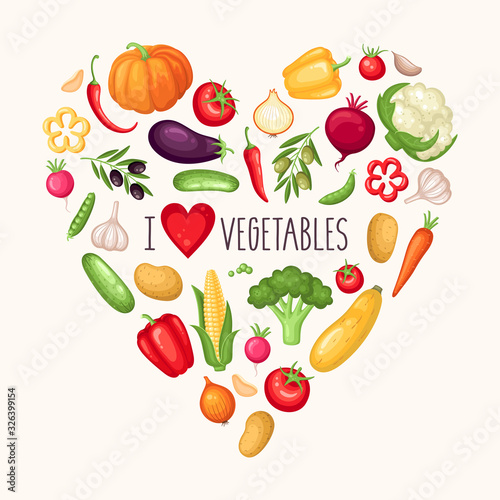 Fototapeta Naklejka Na Ścianę i Meble -  Vector harvest illustration with fresh organic vegetables on heart shape background