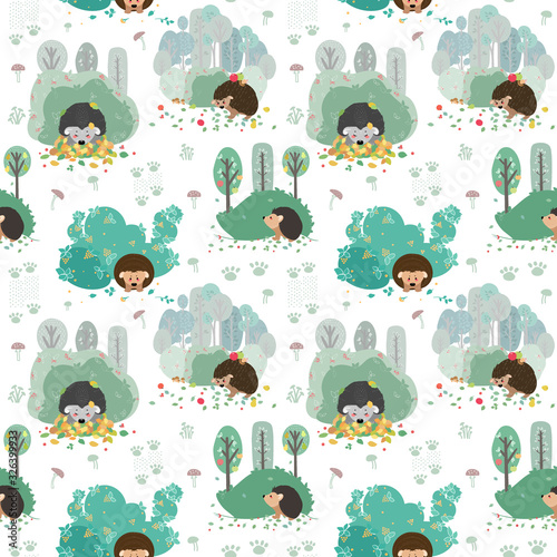 Seamless pattern with hedgehog on the background of a tree, plant, bush and different elements. Vector illustration