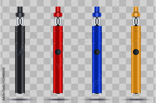 Set of Vaping pen device kit and mod. Sample model. Vector illustration isolated on transparent background.