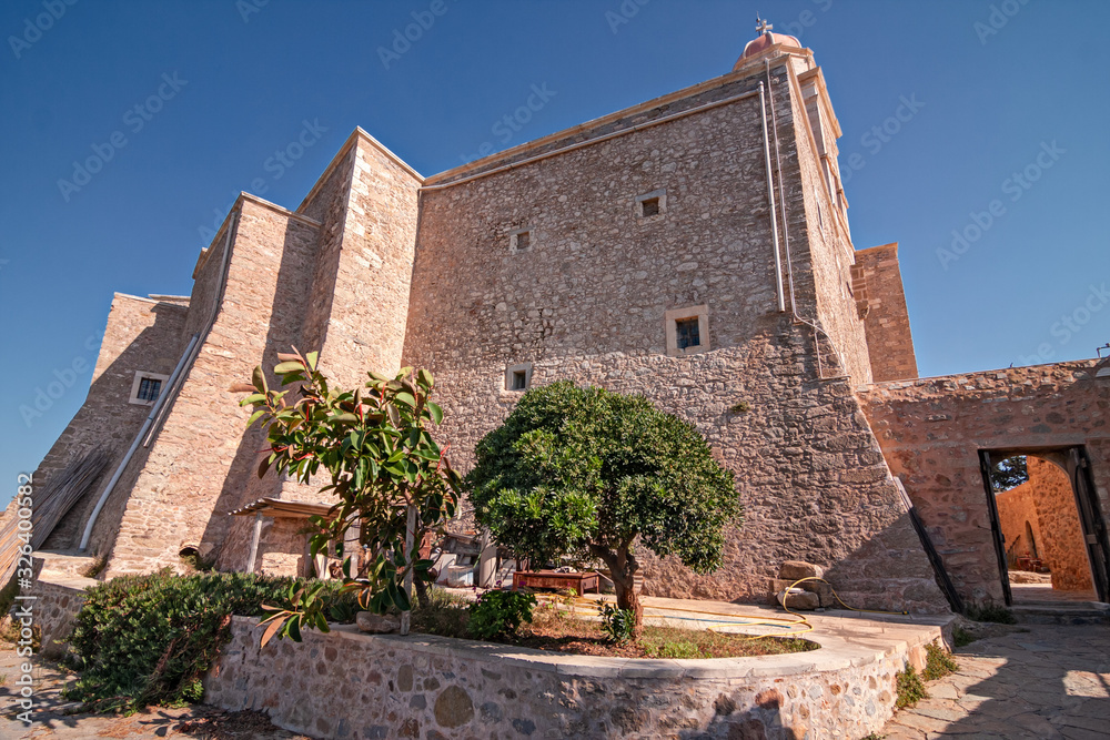 View of the outer walls of the monastery of Toplou in Crete in Gracia.