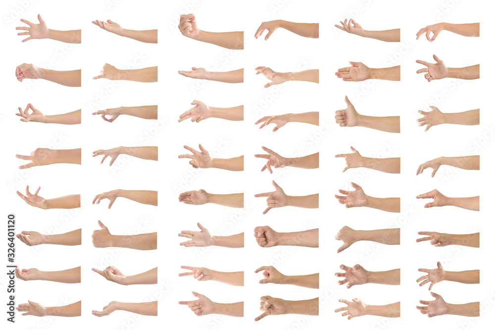 Male hand gesture and sign collection isolated on white background with clipping path.