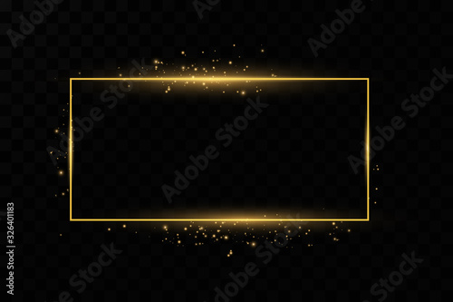 Vector golden frame. Shining rectangle banner. Isolated on black transparent background. Vector illustration, eps 10.