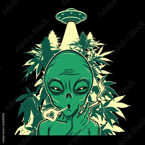 Alien smoking marijuana with ufo in the background
