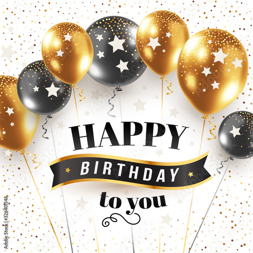 Vector happy birthday illustration with 3d realistic bunch of golden and black air balloon on white background with text and glitter confetti.