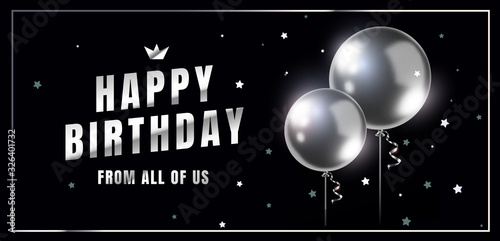 Vector horizontal happy birthday illustration with 3d realistic silver air balloon on black background with glitter confetti and text.