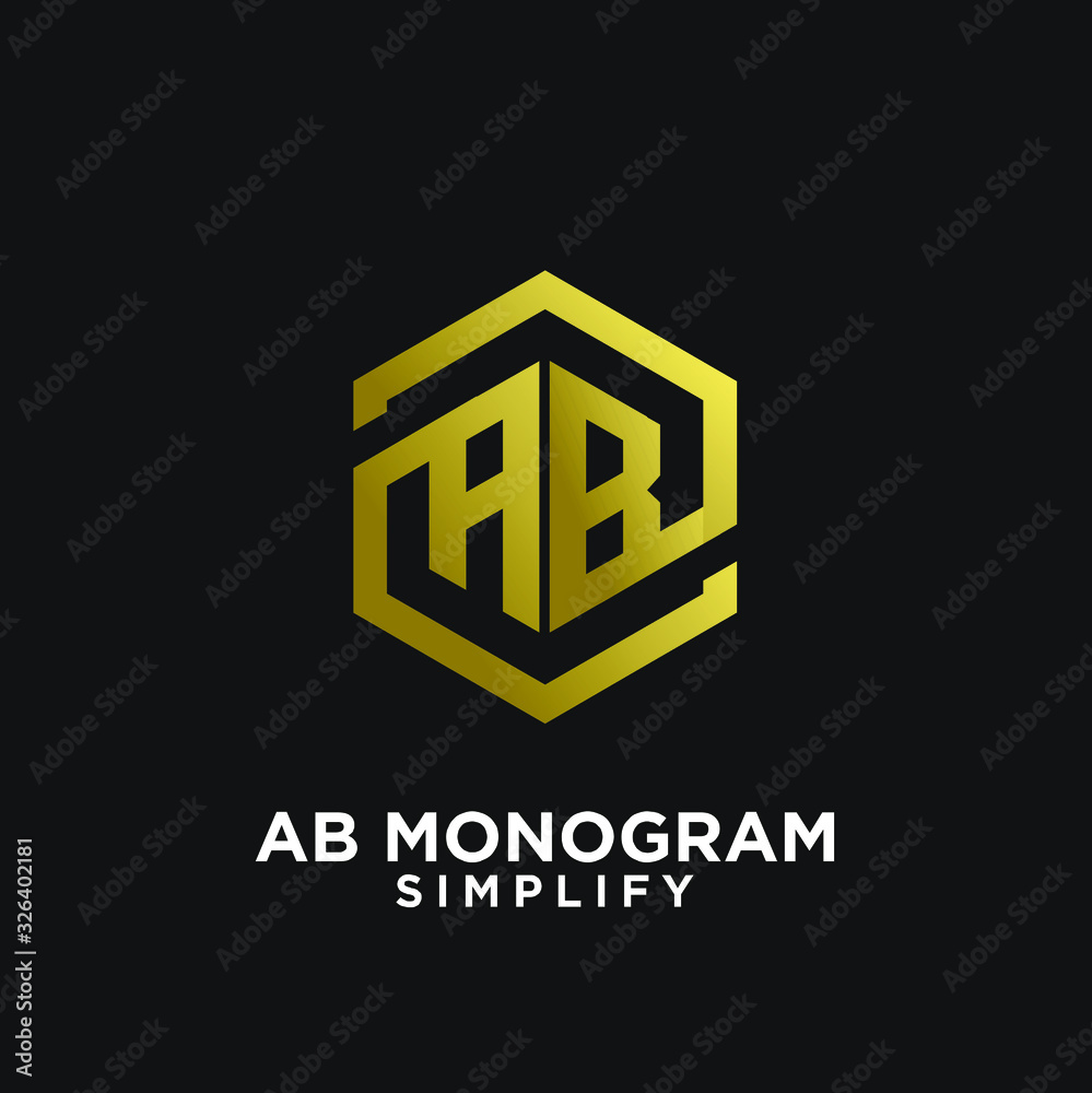 gold ab, ba, a b initial monogram hexagon letter black logo design with black background