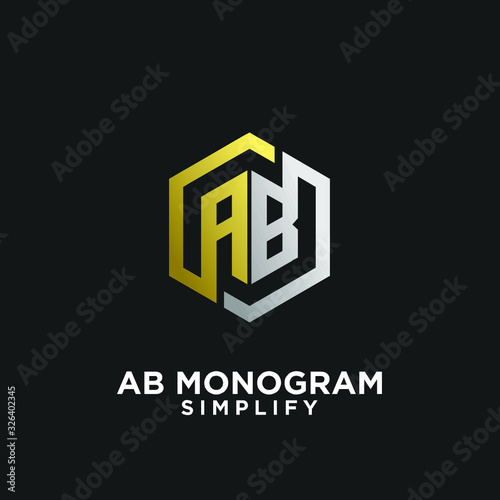 gold silver ab, ba, a b initial monogram hexagon letter black logo design with black background