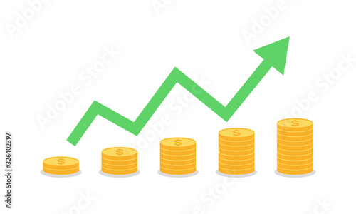 Gold coins graph arrow. Investment concept. Stock market bull run. Going up idea. Gold coins. Investing profit. Wealth and money - Simple flat vector illustration.