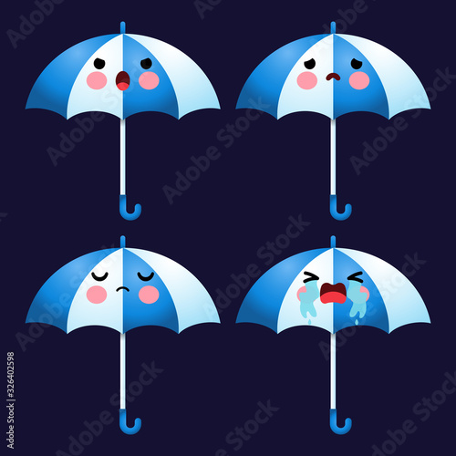 Cartoon Cute Umbrella Emoticon Avatar Face Negative Emotions Set Stock Vector