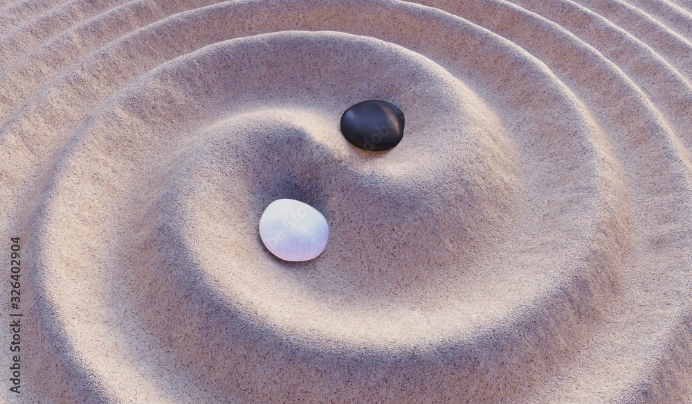 Black and white stones in sand. Yin-Yang symbol. 3D rendered illustration - obrazy, fototapety, plakaty 