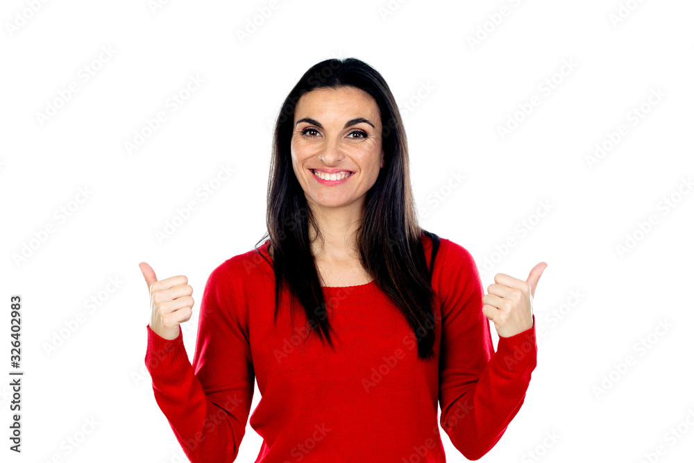 Attractive mature woman wearing red jersey Attractive mature woman wearing red jersey