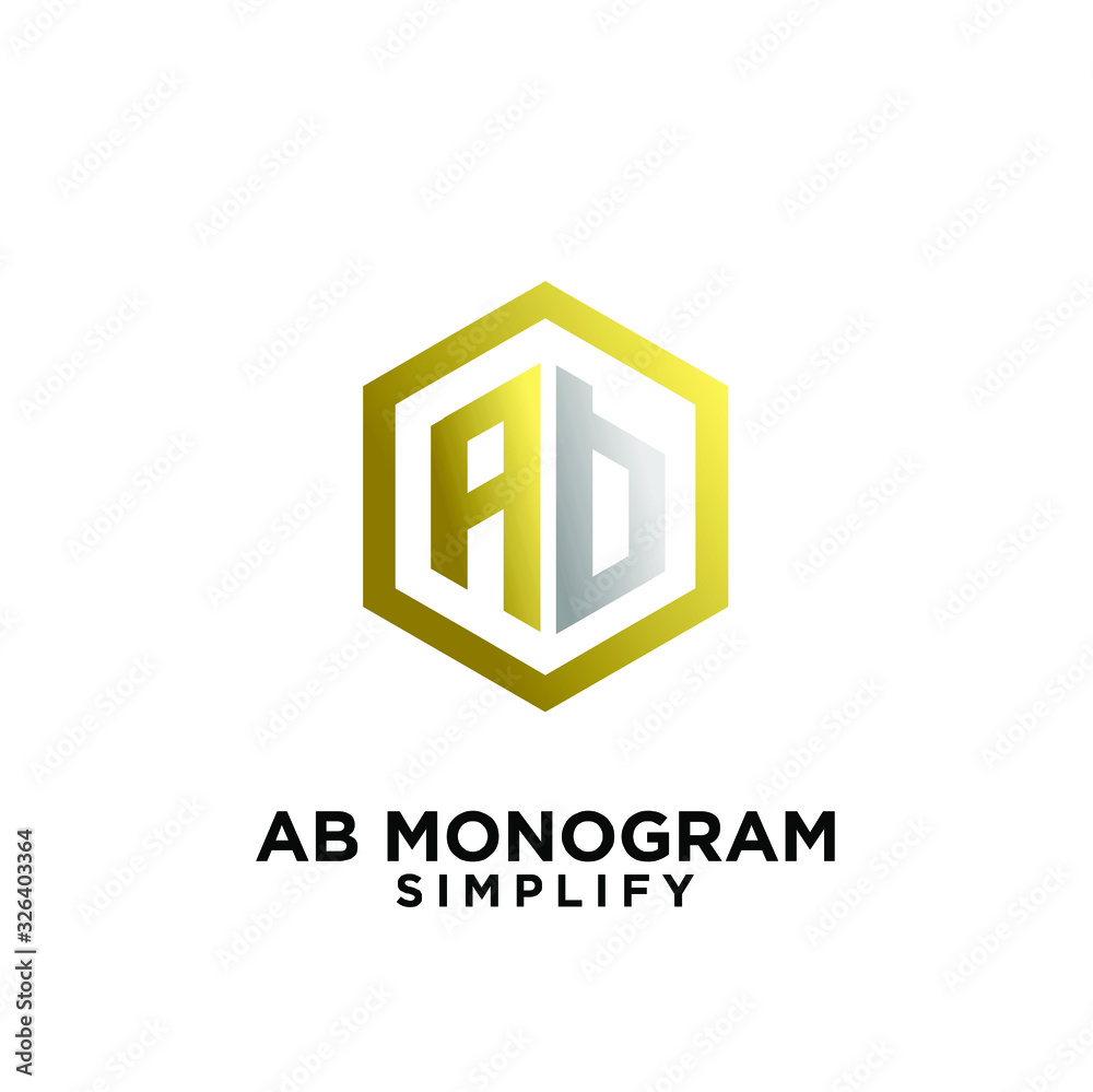 gold silver ab, ba, a b initial monogram hexagon letter black logo design with white background