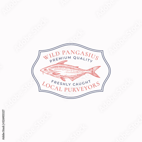 Fish Vintage Frame Badge or Logo Template. Hand Drawn Wild Pangasius or Basa Sketch Emblem with Retro Typography.