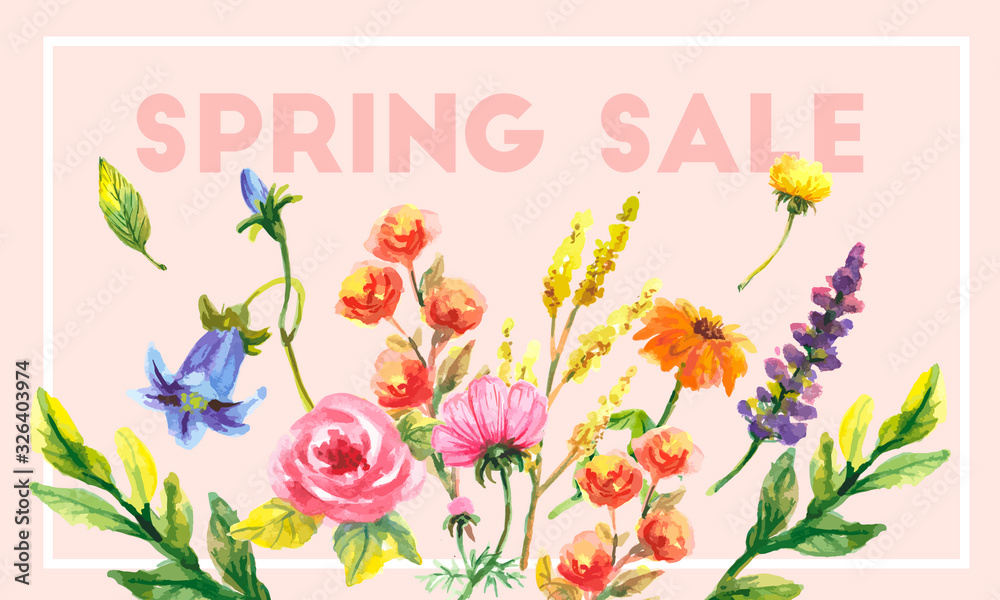 Spring Sale Word Hanging on Leaves with Strings. Vector Illustration template