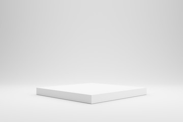 Empty podium or pedestal display on white background with box stand concept. Blank product shelf standing backdrop. 3D rendering.