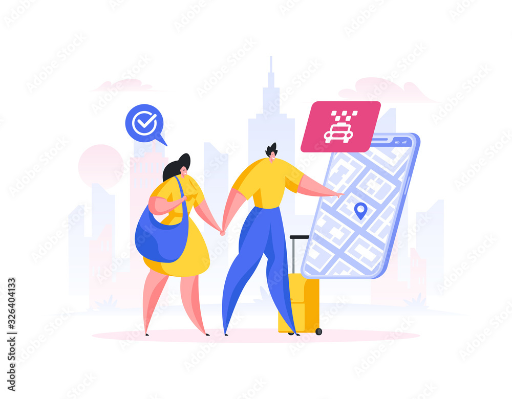 Couple ordering taxi through app. Flat cartoon people vector illustration Couple ordering taxi through app. Flat cartoon people vector illustration
