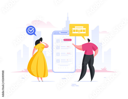 Couple choosing restaurant in smartphone app. Flat cartoon people vector illustration