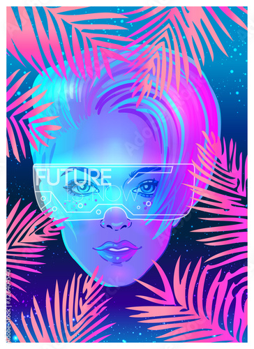 Portrait of a young pretty androgynous woman with short shaved pixie undercut in retro futurism style. Vector illustration in neon bright colors. Blue short hair. futuristic synth wave flyer template
