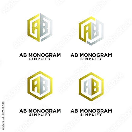 set of gold silver ab, ba, a b initial monogram hexagon letter black logo design with white background