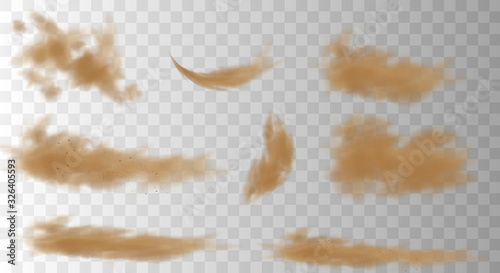 Set of realistic trails Road dust, dust from under the wheels, from under the horses' hooves isolated on a transparent background. Brown dusty cloud or dry sand flying with a gust of wind. 