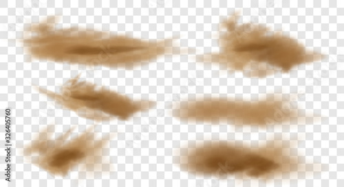 Set of realistic trails Road dust, dust from under the wheels, from under the horses' hooves isolated on a transparent background. Brown dusty cloud or dry sand flying with a gust of wind. 
