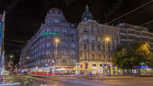 Sticker Wenceslas Square in Prague at night timelapse , dusk time.