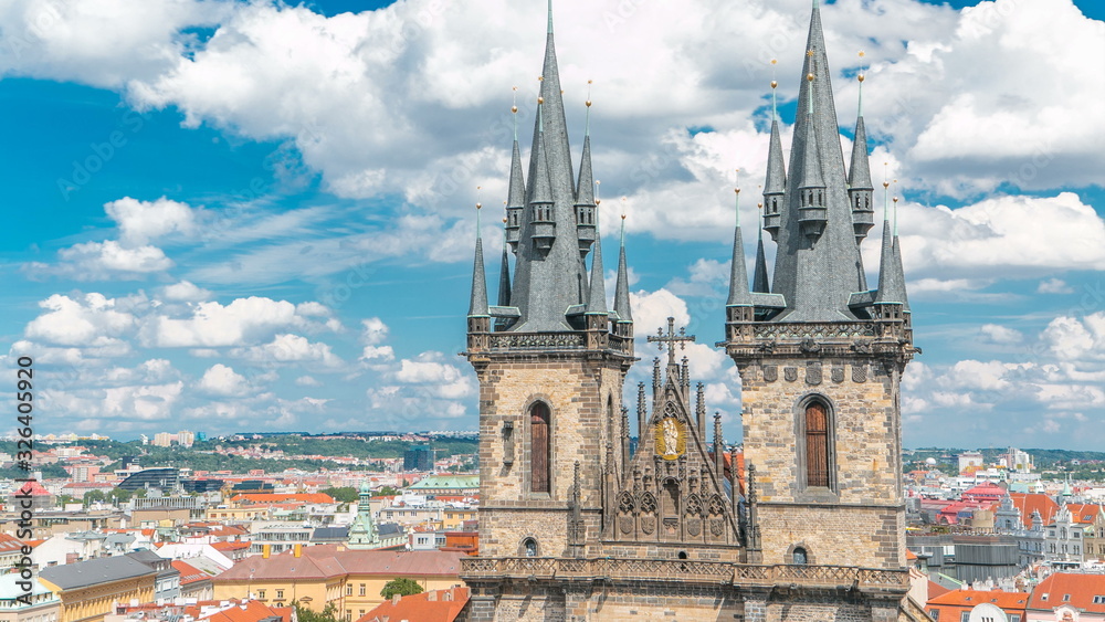 Fototapeta premium Church of our lady before Tyn timelapse in Prague, Czech republic. Gothic church in Prague Old town with beautiful cloudy sky.