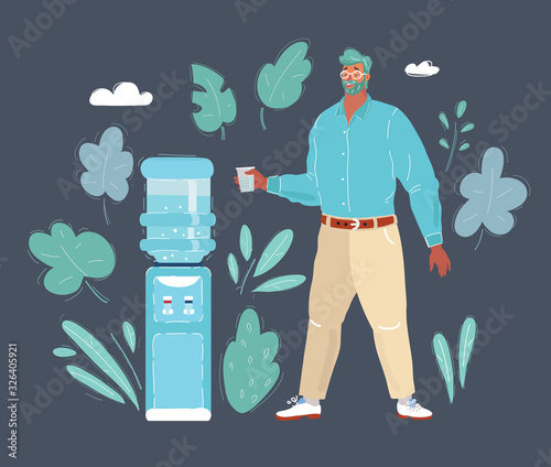 Man standing near water cooler on dark background.