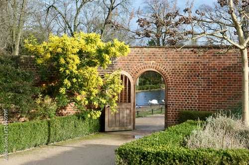 Photography Wall with door and yellow tree in Valentines Park, Ilford, London, UK