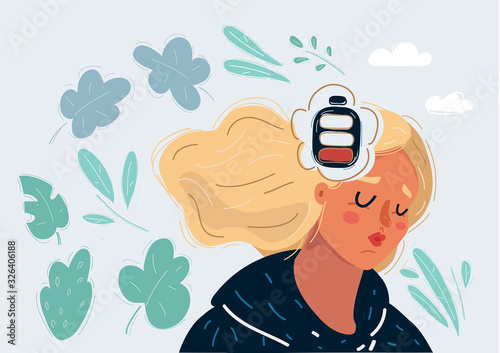 Tired woman with battery in the head