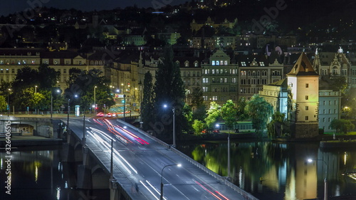 Jirasek Bridge on the Vltava river night timelapse in Prague  Czech Republic