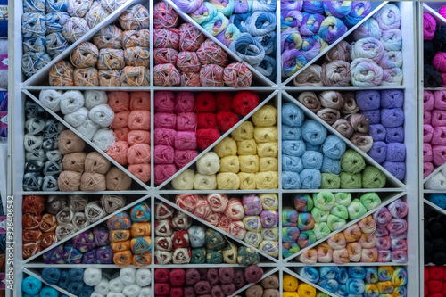 Colorful wool  yarns made from vicunas, llamas, and other endemic camelids, historical center of Quito, Ecuador