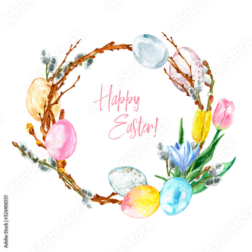 Watercolor Happy Easter wreath illustration, isolated on white background. Decorative round frame made with tree branches, colored eggs, tulip flowers, pussy willow.
