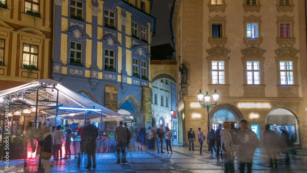 Night view of Old Town Square timelapse in Prague. Czech Republic