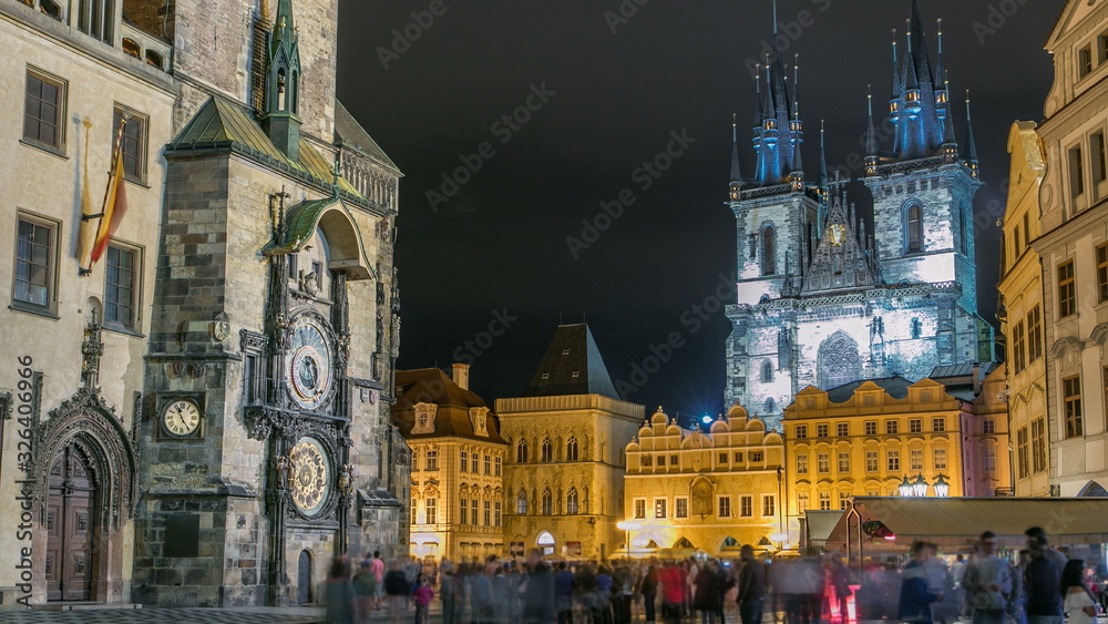 Night time illuminations of the the Old Town Hall timelapse, Town Square and fairy tale Church of our Lady Tyn