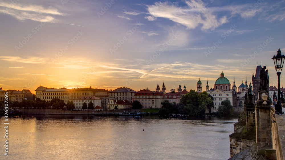 View from Charles Bridge in Prague during the sunrise timelapse, Bohemia, Czech Republic.