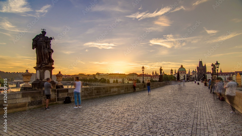 Charles Bridge in Prague during the sunrise timelapse, Bohemia, Czech Republic.