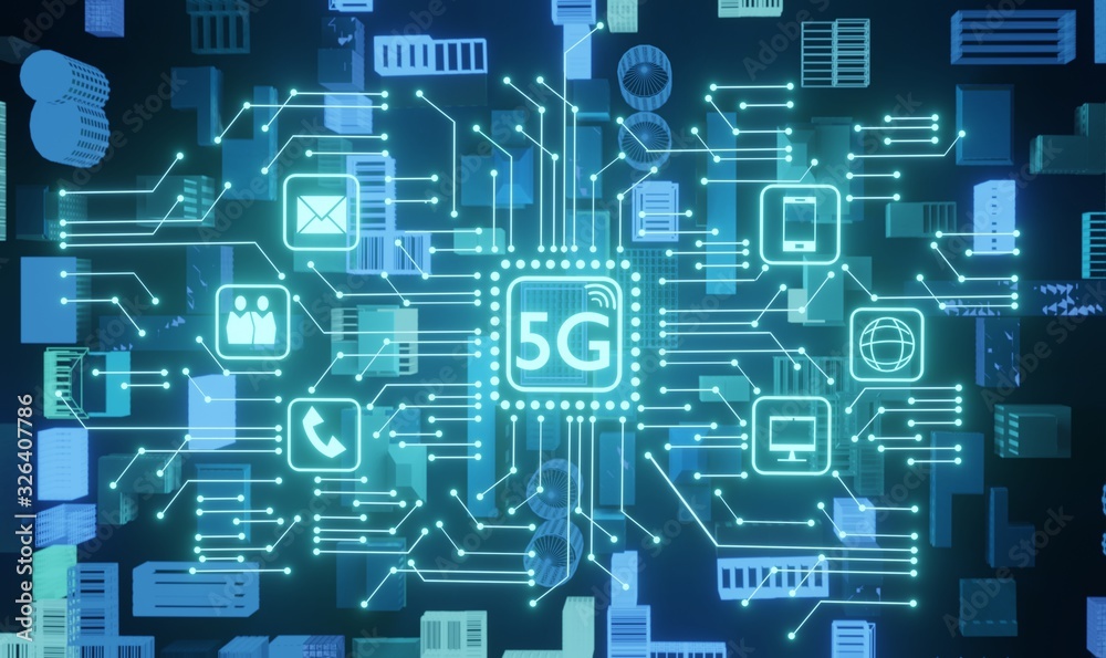 5G network digital hologram and internet  background.3D Rendering