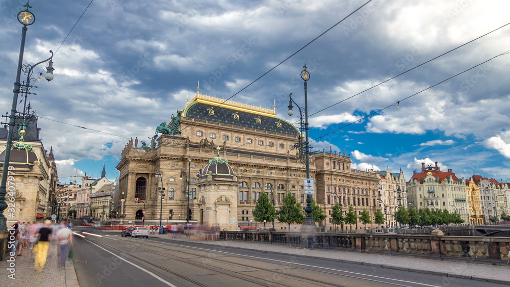 Timelapse  view of the National Theater in Prague from the Legion Bridge.