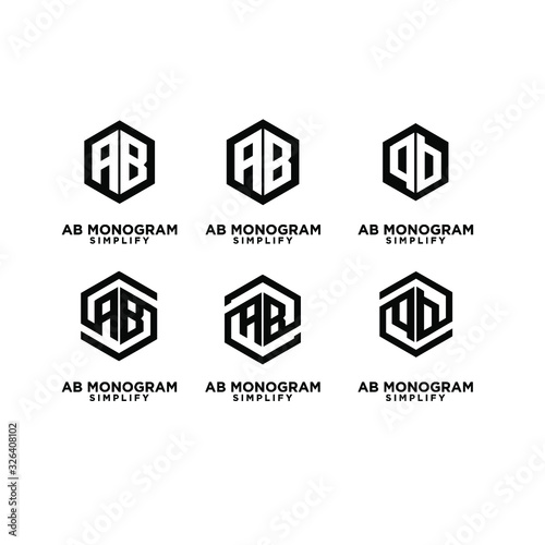 set of ab, ba, a b initial monogram hexagon letter black logo design
