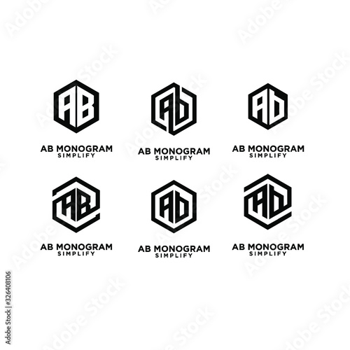 set of ab, ba, a b initial monogram hexagon letter black logo design