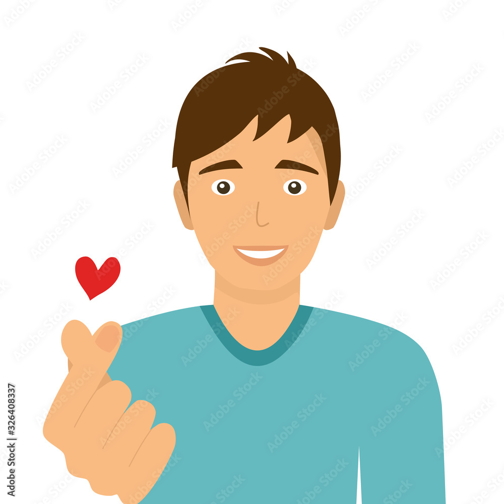 A man with message of love hand gesture. Hand fold into heart symbol. Korean symbol finger heart design vector illustration on white background.